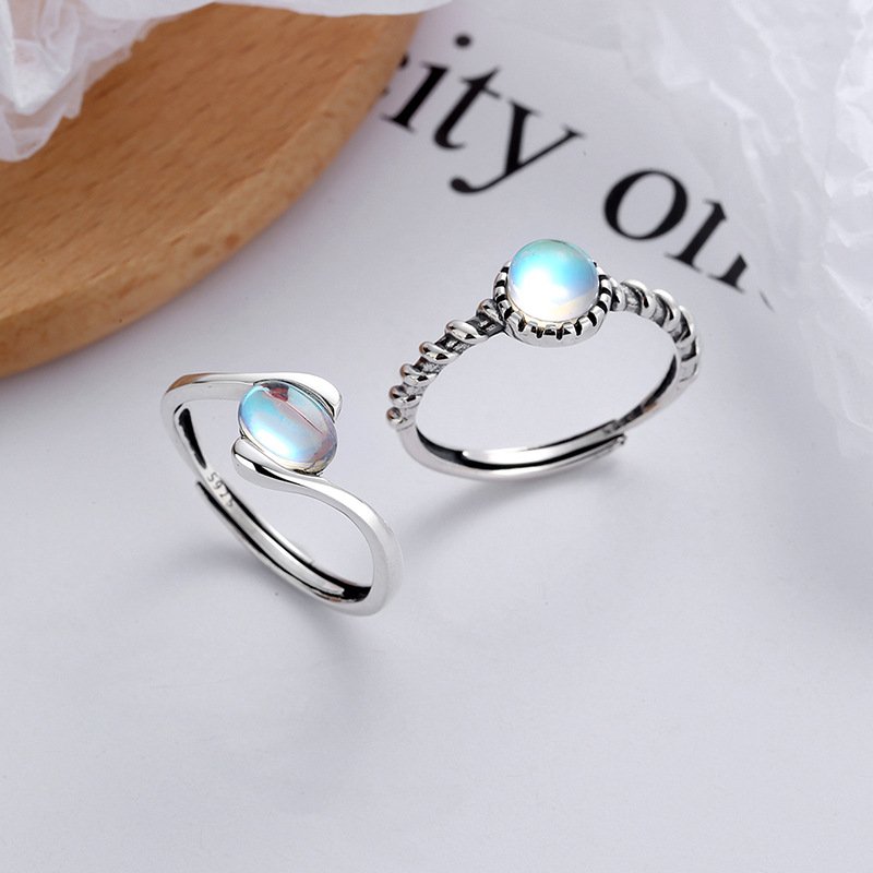 S925 sterling silver spiral band, blue gemstone, adjustable size ring for women.
