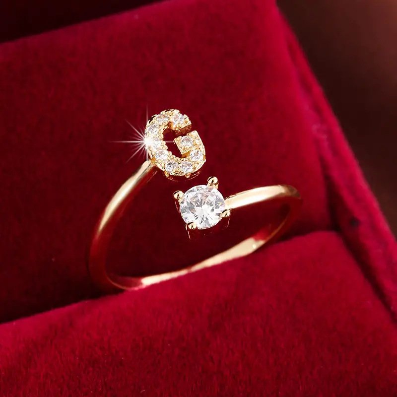 Hot-selling zircon ring with miniature English letters, stylish and adjustable size.
