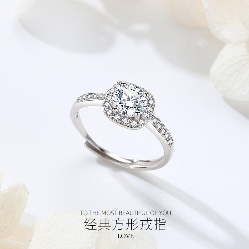 Second image of Classic, luxurious, and stylish square diamond ring with a 925 sterling silver setting.