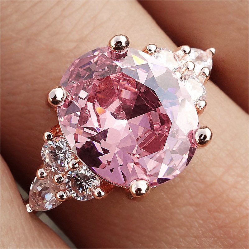 Second image of Pink crystal zircon ring, white gold plated rose gold ring