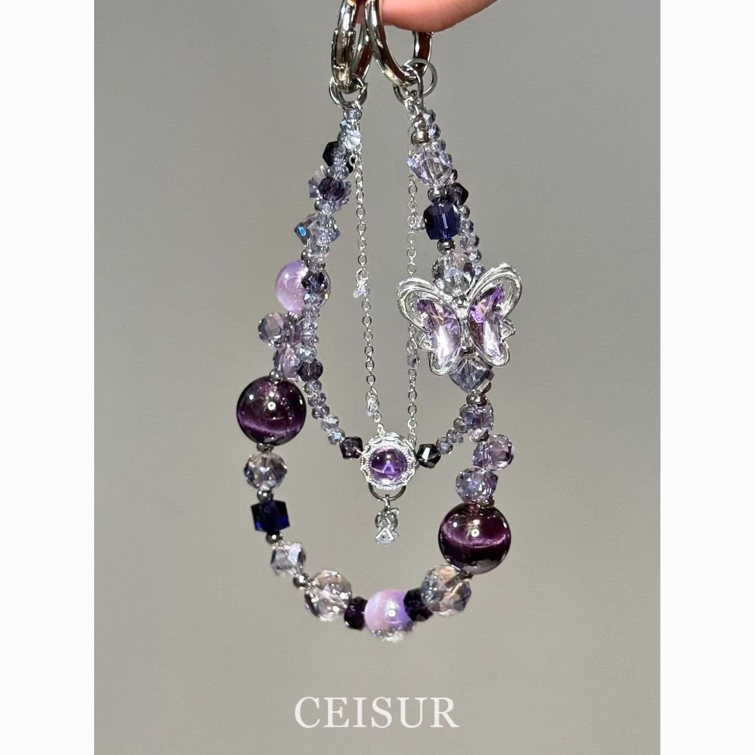 Luxury Purple Butterfly Beaded Phone Charm - New High-End Niche Keychain/Pendant